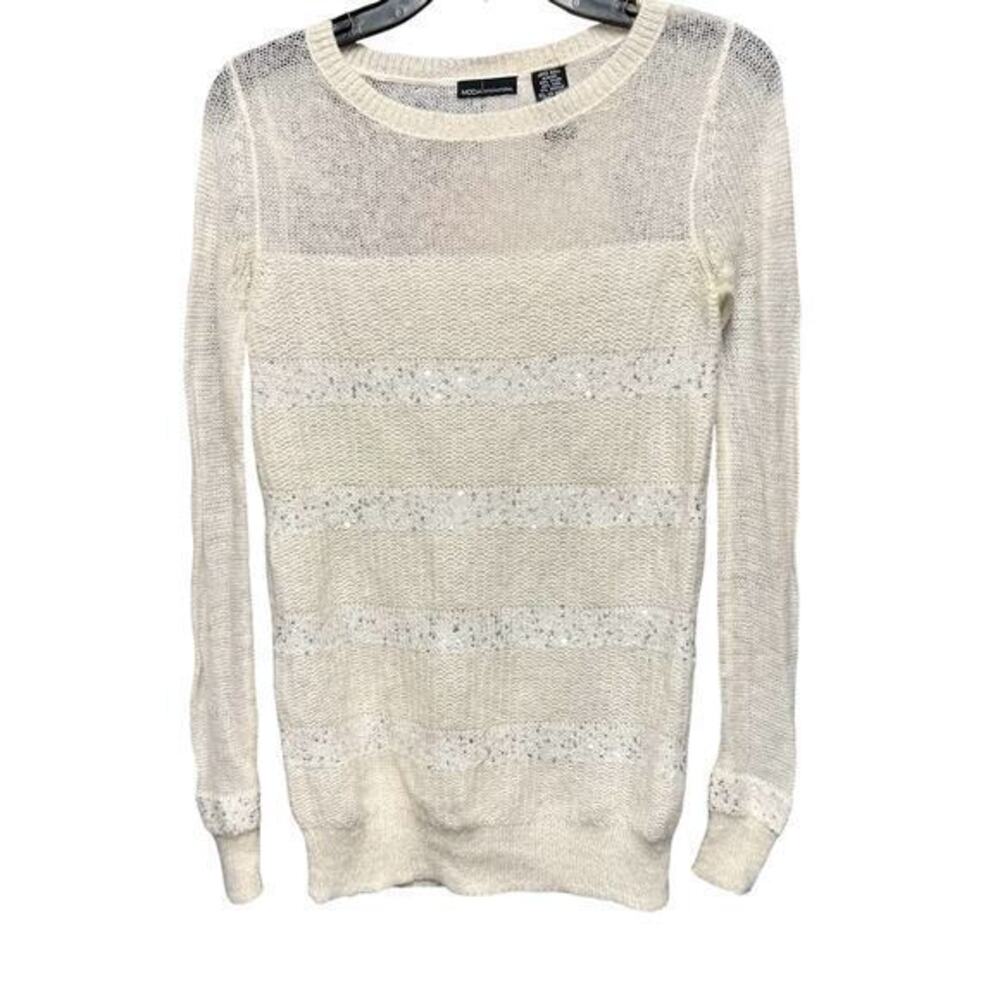 MODA INTERNATIONAL cream Sequin wool mohair blend thin lightweight sweater sz M